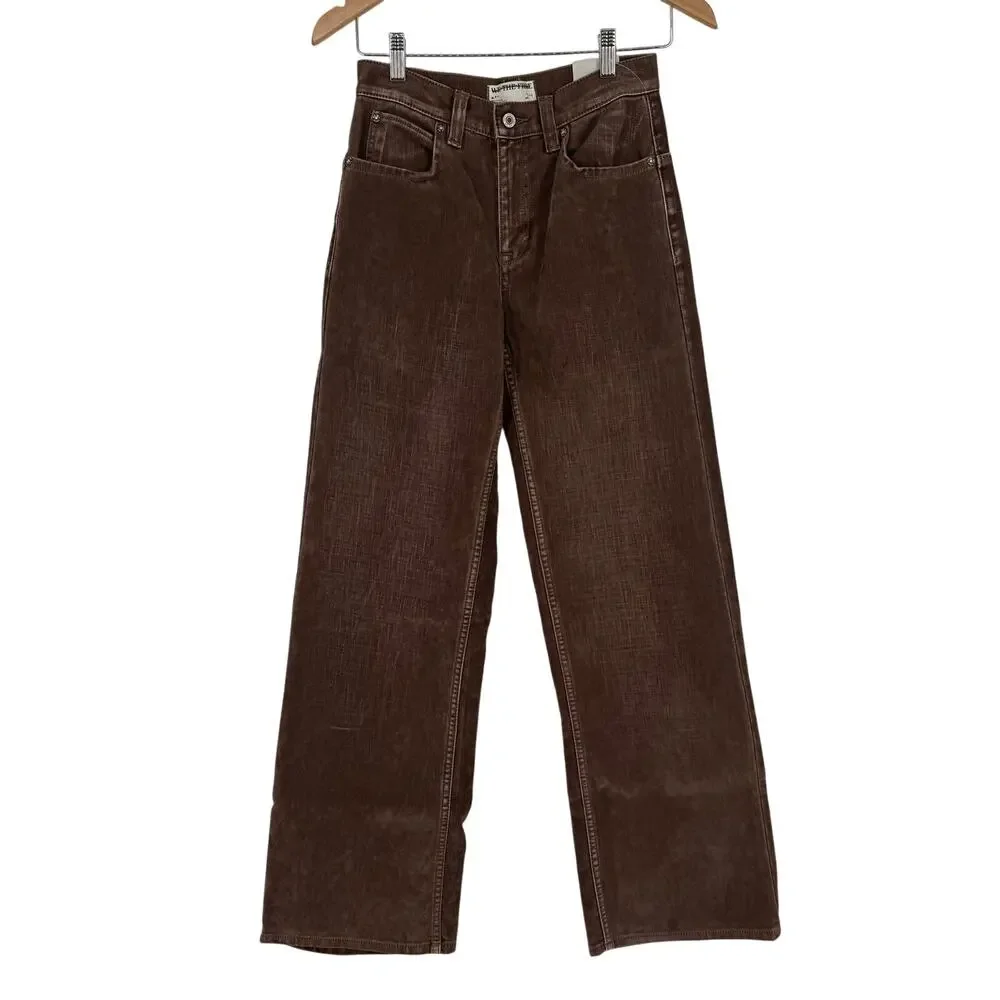 FREE PEOPLE Tinsley Baggy High Rise Flocked Jeans / Chocolate Brown SZ 24 FLAW